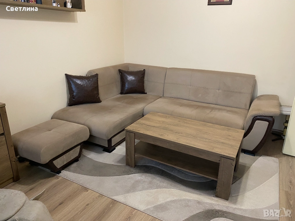 Разтегателен ъглов диван + клик-клак механизъм , тъмно бежов + кафява кожа, снимка 1