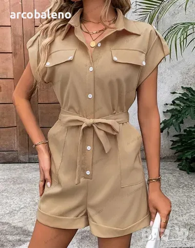 Дамски къс гащеризон с колан, висока талия и ревер., снимка 1