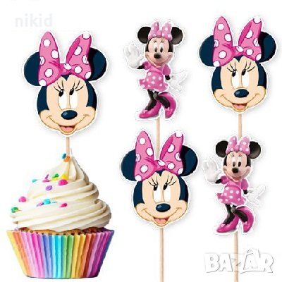 10 бр Мини Маус Minnie Mouse розови топери клечки за мъфини декорация и украса, снимка 1