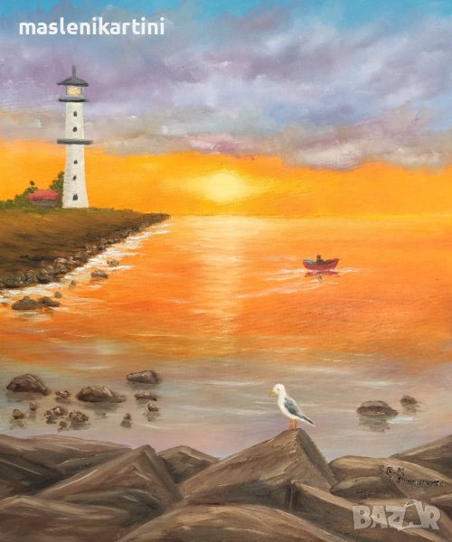 Морски залез и фар маслена картина , снимка 1
