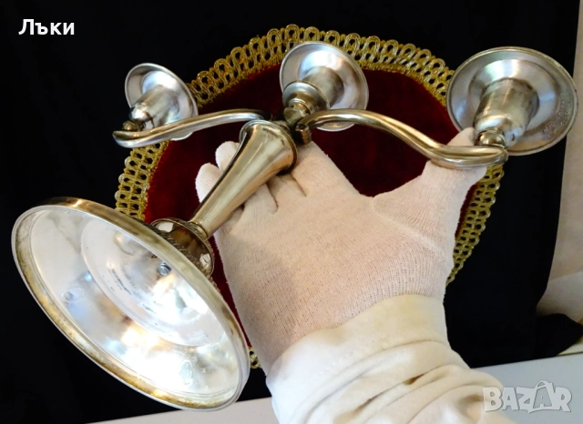 Посребрен троен свещник,свещник тройка,релеф. , снимка 6 - Антикварни и старинни предмети - 51500863