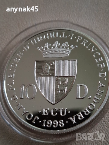 Сребро 10 динера 1998г. Андора, снимка 2 - Нумизматика и бонистика - 53906199