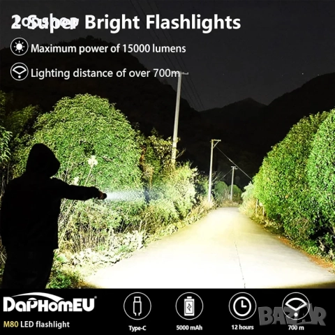 Чисто ново Фенерче daphomeu LED Super Bright, презареждащо се, пакет от 2 броя, фенерче 500 000 лум., снимка 3 - Други - 51882018