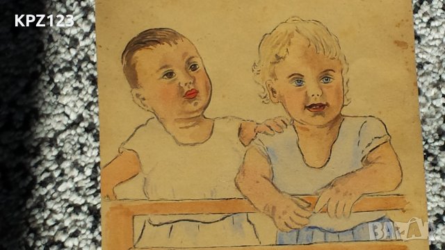 СТАРА КАРТИНА ДЕЦА 40-те год. акварел /ЛИЛЯНА НИКОЛОВА, снимка 2 - Картини - 29111365