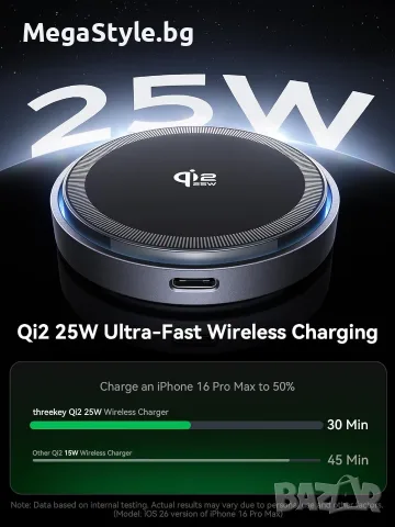 THREEKEY Qi2.2 25W Магнитно безжично зарядно с вградено охлаждане, снимка 2 - Безжични зарядни - 55951710