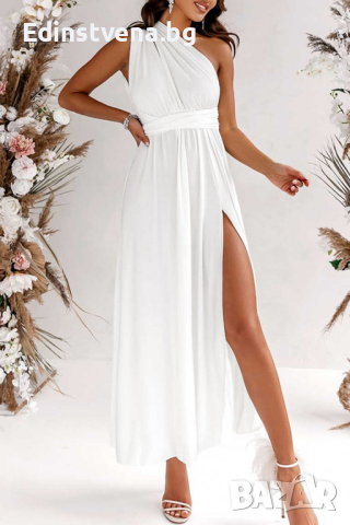 Дълга елегантна дамска рокля в бяло, с цепка и ефектен гръб, снимка 1 - Рокли - 44716830