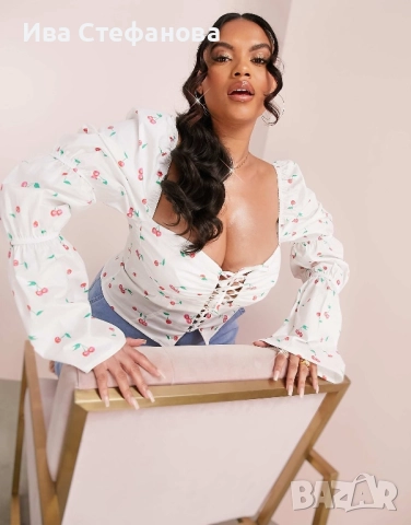 Уникален кукленски топ буфан ръкав бюстие памук ,памучно елегантно бяло с черешки череши, снимка 8 - Рокли - 41318024