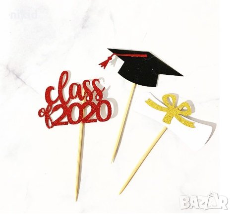 2020 Диплома Тога Дипломиране Завършване брокат топер топери клечки за мъфини кексчета украса торта, снимка 2 - Други - 29247412