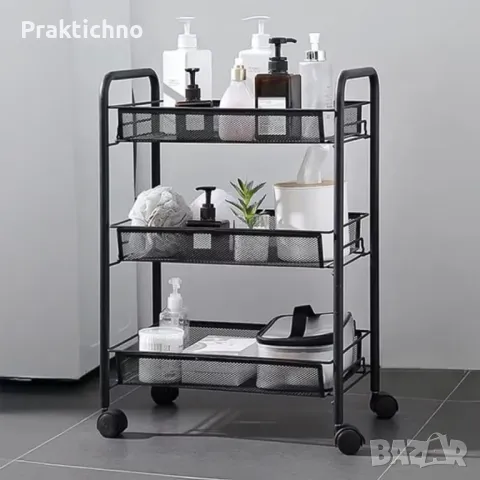 Мобилна етажерка, с 3 рафта и 4 закачалки, за кухня/баня или офис, снимка 1
