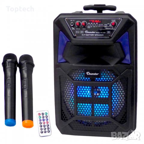 Караоке Тонколона 8 инча Thunder, два Безжични Микрофона, акумулаторна батерия, Bluetooth, FM радио,, снимка 2 - Караоке - 30929285