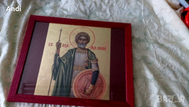 Икона на Свети вкм. Мина, репродукция с дървена рамка и стъкло, снимка 7 - Икони - 52777998
