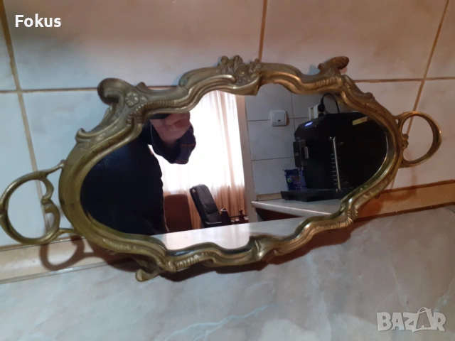 Стар голям масивен бароков поднос - бронз, огледало, снимка 3 - Антикварни и старинни предмети - 53286102