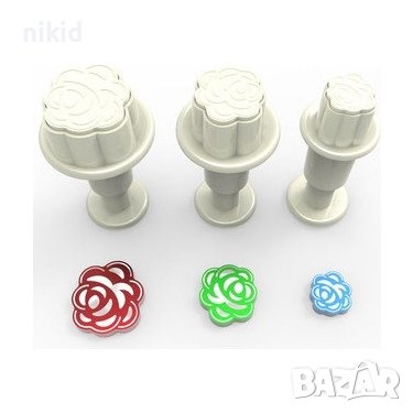 3 бр Роза рози розички цветя мини пластмасови резци с бутало релефни форми за тесто фондан украса