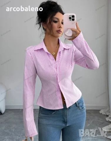 Дамска раирана риза с дълъг ръкав и копчета, 9цвята , снимка 2 - Ризи - 51502214