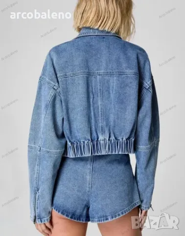 Дамски моден дънков свободен комплект яке с много джобове и къси панталони, снимка 4 - Комплекти - 48326633