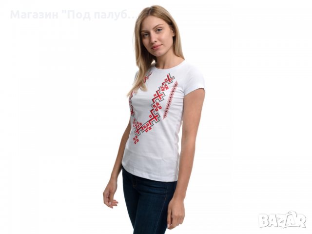 Нова дамска бяла тениска с трансферен печат Шевица, Етно мотив, България, снимка 5 - Тениски - 29964888