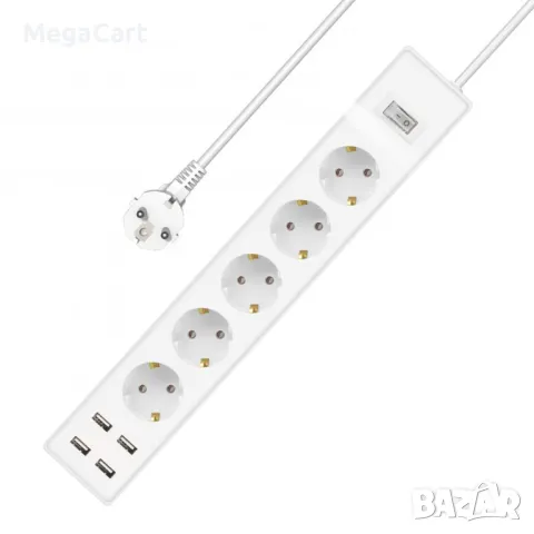 Удължител No brand, 5 гнезда, 250V, 16A, Кабел, 3m, 4 x USB F, С ключ, Бял, снимка 1