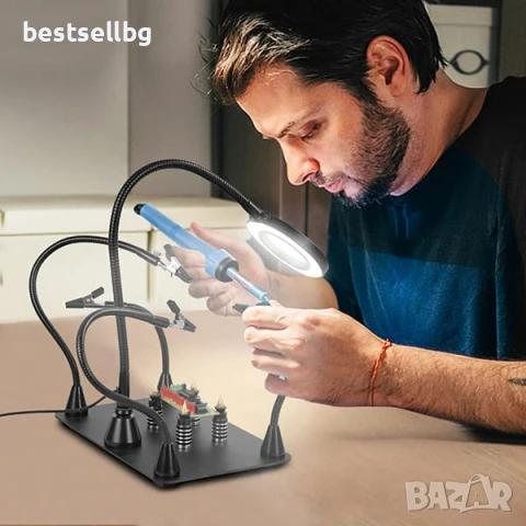 Увеличителна настолна лупа със станция за запояване LED осветление помощна трета ръка за платки, снимка 7 - Поялници и запояване - 51178862