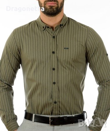 Мъжка зелена риза на черни райета-1 брой, Дължина ръкав-65см, дължина 75см,широчина гръб 52см,яка 43, снимка 4 - Ризи - 35130871