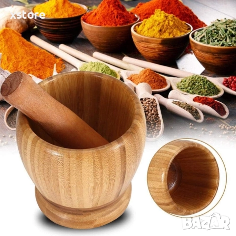 Бамбуково хаванче с чукало за чесън и подправки, 10х10 см / Външен размер 10х10 вътрешен отвор 6.5см, снимка 3 - Други стоки за дома - 52699634