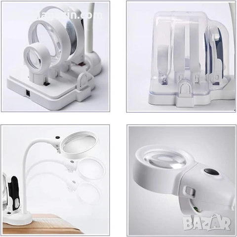 Увеличителна ръчна и настолна лупа с LED осветление сменяеми лещи регулируемо рамо за четене гоблени, снимка 5 - Други инструменти - 50920951