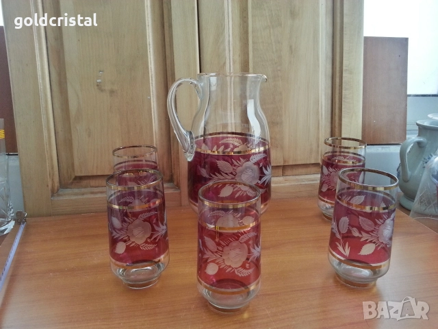 Ретро стъклена кана с чаши гравирани, снимка 6 - Антикварни и старинни предмети - 39805886