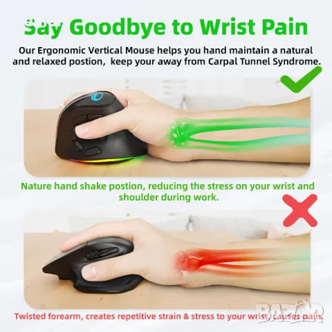 IFYOO 2.4G/BT/кабелна, трирежимна RGB акумулаторна безжична вертикална ергономична мишка G53, снимка 2 - Клавиатури и мишки - 49623266