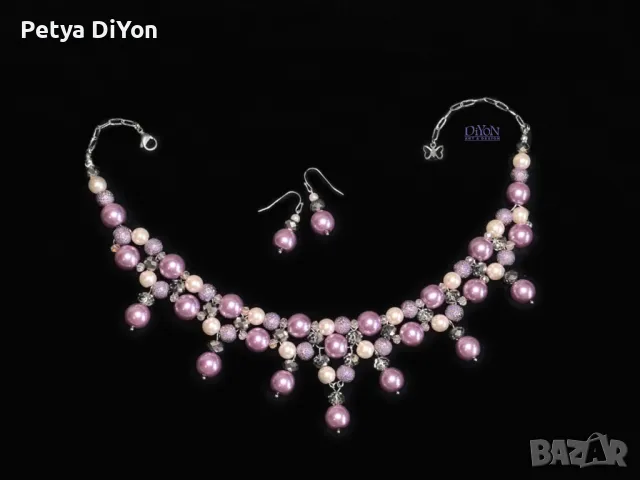 Луксозно голямо лилаво колие и обеци с перли и кристали, снимка 2 - Колиета, медальони, синджири - 50224473