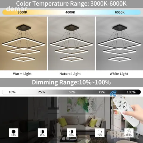 Модерен LED полилей, димируем, 3-слоен квадрат, регулиране на височина, снимка 2 - Полилеи - 48205109