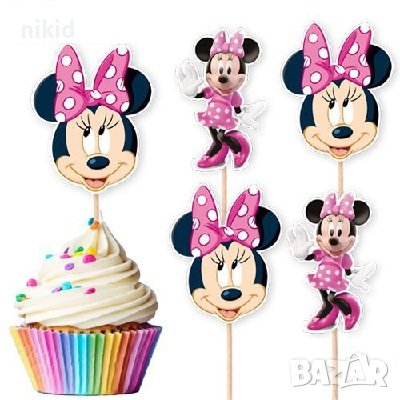 10 бр Мини Маус Minnie Mouse розови топери клечки за мъфини декорация и украса, снимка 1 - Други - 42855424