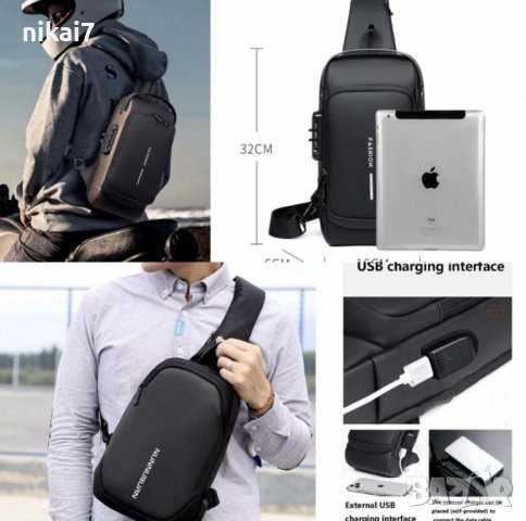 мъжка чанта непромокаема паласка многофункционална мотор USB слот, снимка 2 - Чанти - 42072653