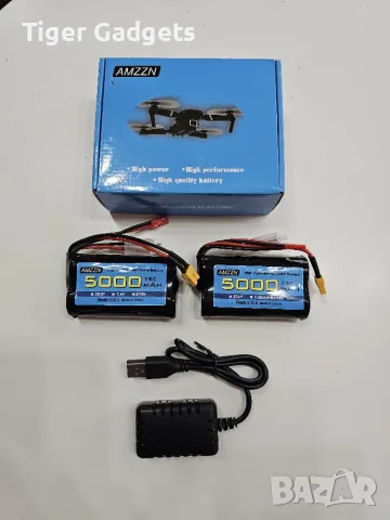 AMZZN 2 броя 7.4V 5000mAh 2S Li-Ion батерии + 2-in-1 USB зарядно за TX16S, TX18S, RC4GS, RC6GS, снимка 2 - Друга електроника - 56085202