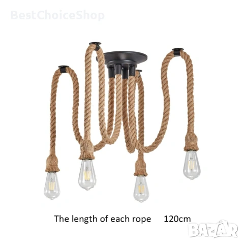 винтидж пендел от конопено въже, висящ полилей с 4 гнезда