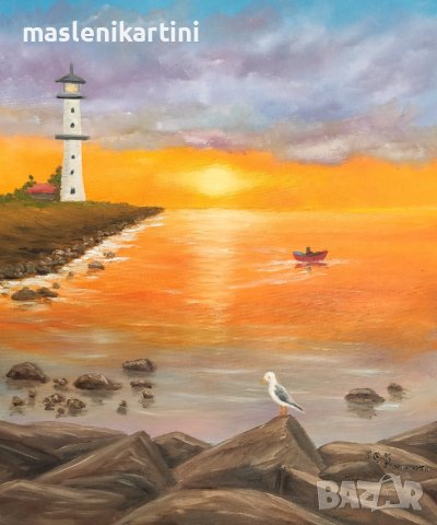 Морски залез и фар маслена картина , снимка 1 - Картини - 40004926