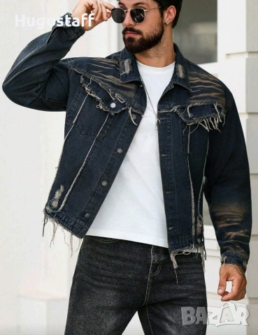 Ново мъжко карго дънково яке риза Street Style накъсан вид овърсайз изтъркано деним памук ХХЛ, снимка 4 - Якета - 53241286