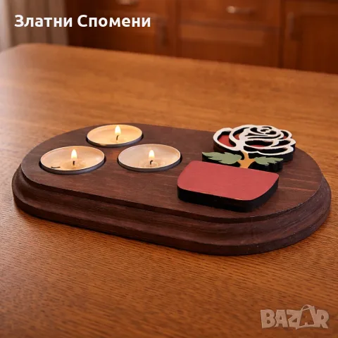 Дървен свещник с роза - романтичен подарък за жена, снимка 3 - Романтични подаръци - 56167112