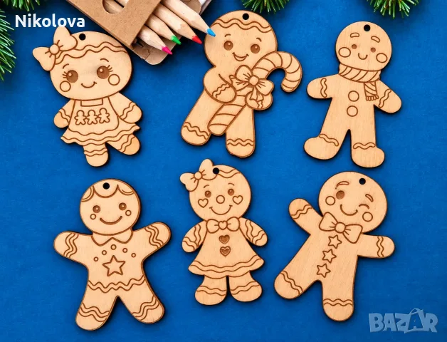 Коледен комплект от 6 дървени фигурки за оцветяване