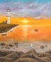 Морски залез и фар маслена картина , снимка 1 - Картини - 40004926