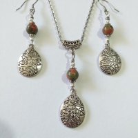 Новият ни Бохо комплект бижута с камъни Унакит и гравирани капки в цвят Сребро , снимка 5 - Бижутерийни комплекти - 36854277