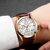 LIGE White Gold 9839 Луксозен мъжки кварцов часовник с кожена каишка, снимка 3 - Мъжки - 40445330
