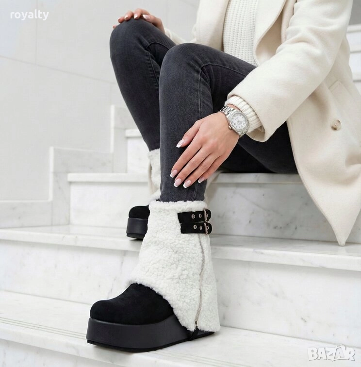 Боти на Платформа - Бяло с Черно Велур, снимка 1