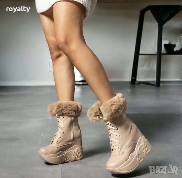 Боти на платформа - бежова кожа с бежов пух и бежово ходило, снимка 1