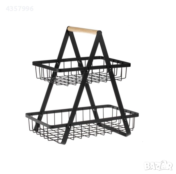 Метален рафт, Универсален, 2 нива, Дървена дръжка, Черен, снимка 1