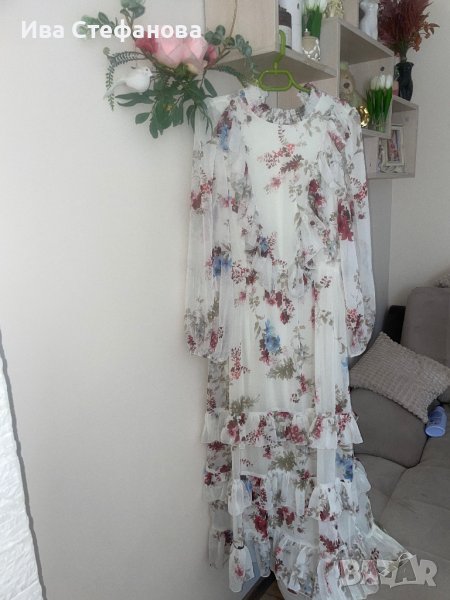 Разкошна нова дълга елегантна рокля флорален десен нежни цветя волани къдри феерична вълнообразна , снимка 1