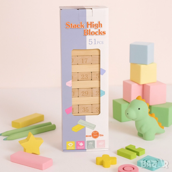 Кула от дървени блокчета – Образователна игра с 51 части, снимка 1