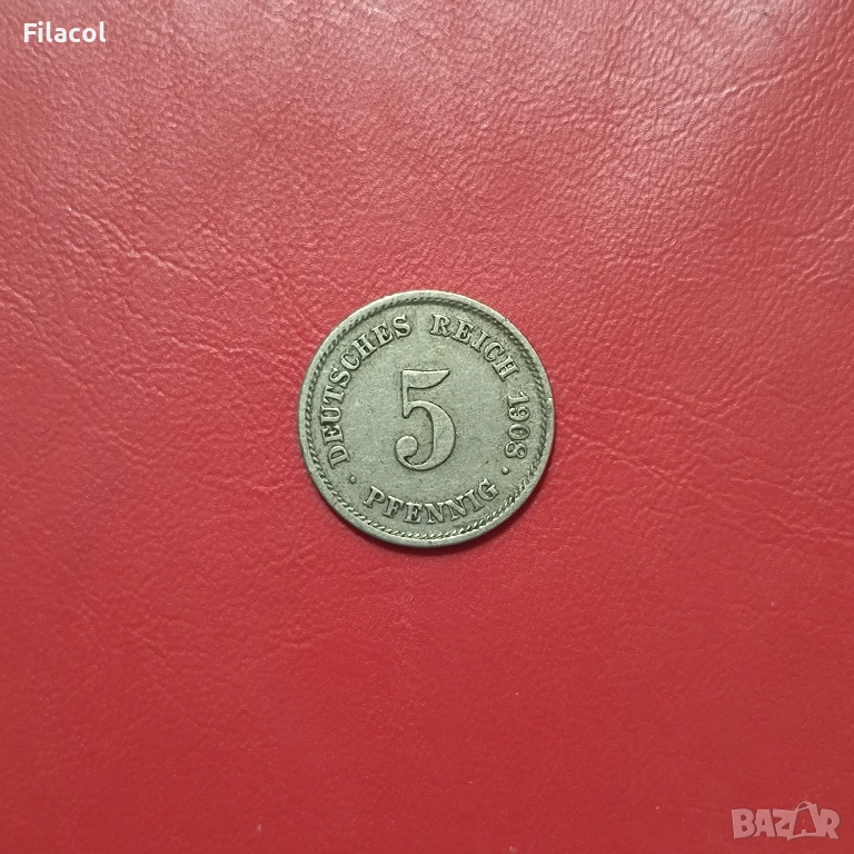 5 пфенига 1908 година Германия МД - G, снимка 1