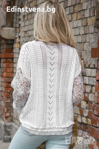 Дамска плетена блуза в бяло с ефектна бродерия, от памук и акрил, снимка 4 - Блузи с дълъг ръкав и пуловери - 42814561