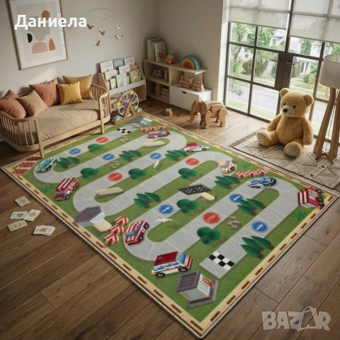 Детски килим за игра 120х160см - Тъмнозелен килим с автописта, противоплъзгащ и миещ се, снимка 5 - Други стоки за дома - 53882053