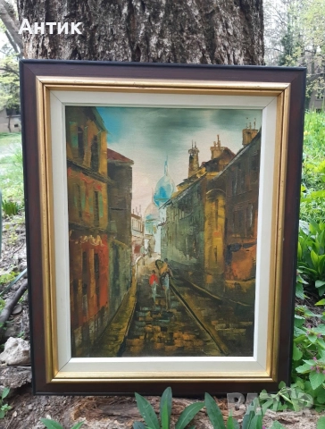 Красива Стара Картина Уличен Пейзаж Живопис Маслени Бои Дървена Рамка