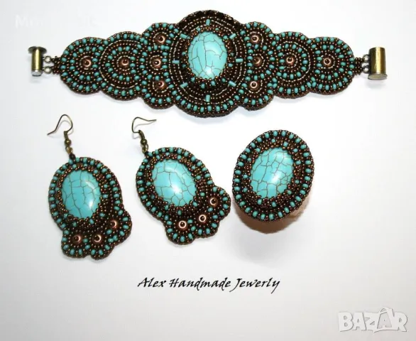 Ръчна изработка. Комплект с тюркоаз бродерия с мъниста Preciosa. , снимка 2 - Бижутерийни комплекти - 47755890